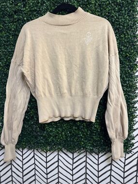 Cropped Mock Neck Sweatshirt in Beige with Subtle Embroidery-new no tags